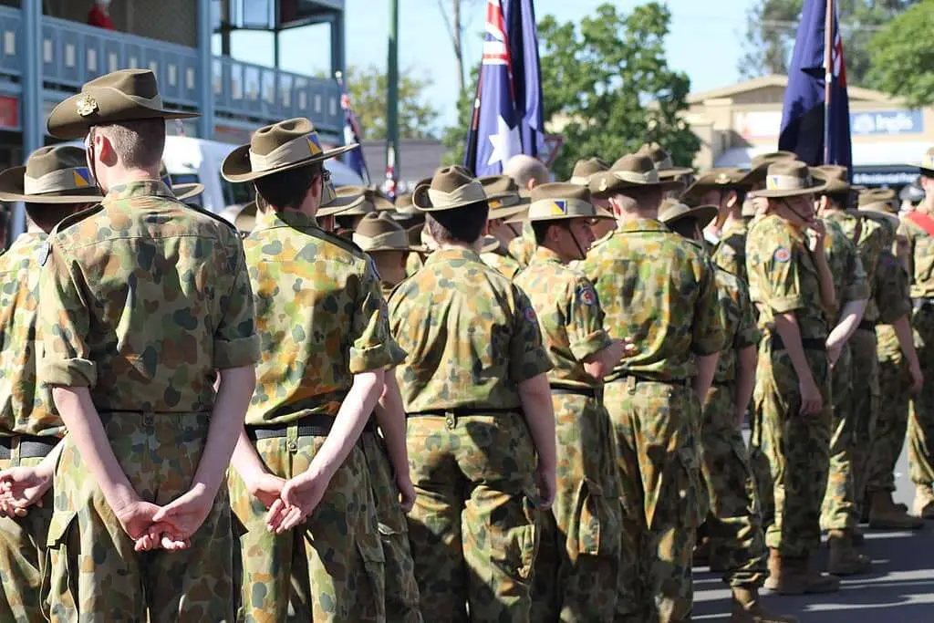 Australian soldiers stand and wait for Anzac parade