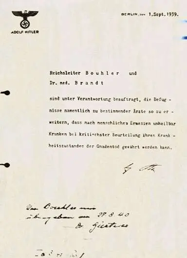 The order to implement Aktion T4 signed by Adolf Hitler.