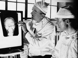 Walter Freedman (left) with James Watts avidly promoted and performed lobotomies in the United States, leaving behind tens of thousands of victims.