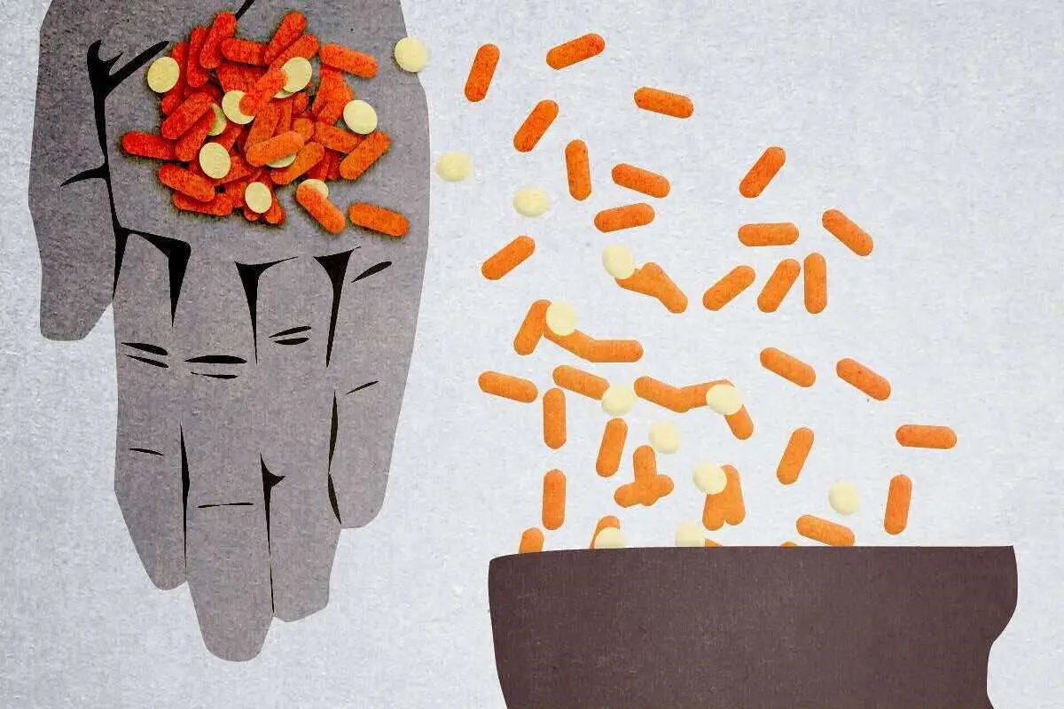 A hand pouring pills into a person's head